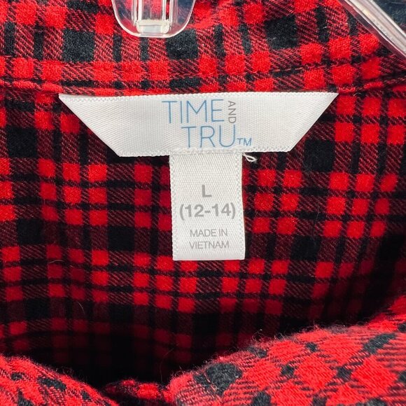 Womens Flannel Shirt L Red Black‎ Plaid Embroidered Floral Cotton Casual Cozy - Picture 4 of 9
